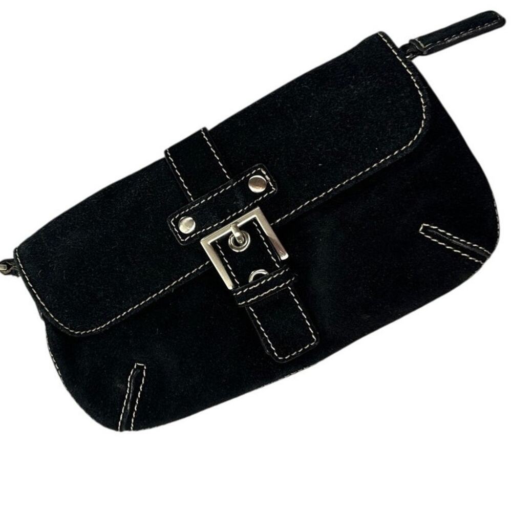 Aerosoles Suede Wristlet Clutch Contrast Stitch Buckle Black